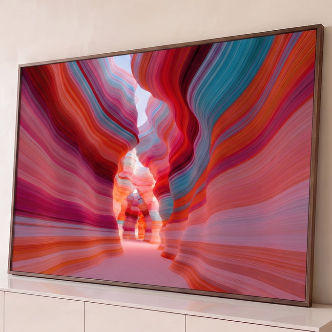 Quadro Decorativo Grande Cânion Abstrato Vermelho para Sala | quadros decorativos para sala | cânion abstrato com paredes onduladas em listras de vermelho, rosa, laranja e turquesa | Porao dos Quadros