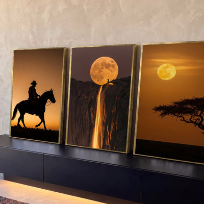Quadro Decorativo Kit 3 Telas Lua Cheia para Sala Laranja