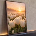 Quadro Decorativo Campo de Tulipas Brancas ao Amanhecer | quadros decorativos para sala | campo de tulipas brancas com orvalho ao nascer do sol entre névoa suave | Porao dos Quadros