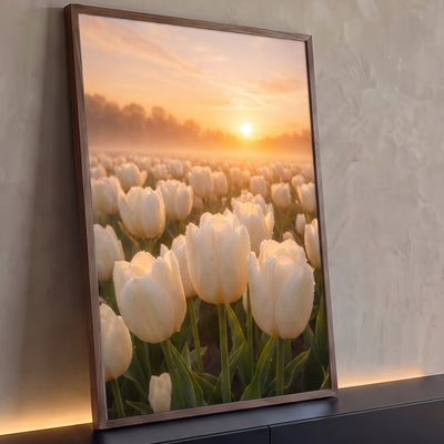 Quadro Decorativo Campo de Tulipas Brancas ao Amanhecer