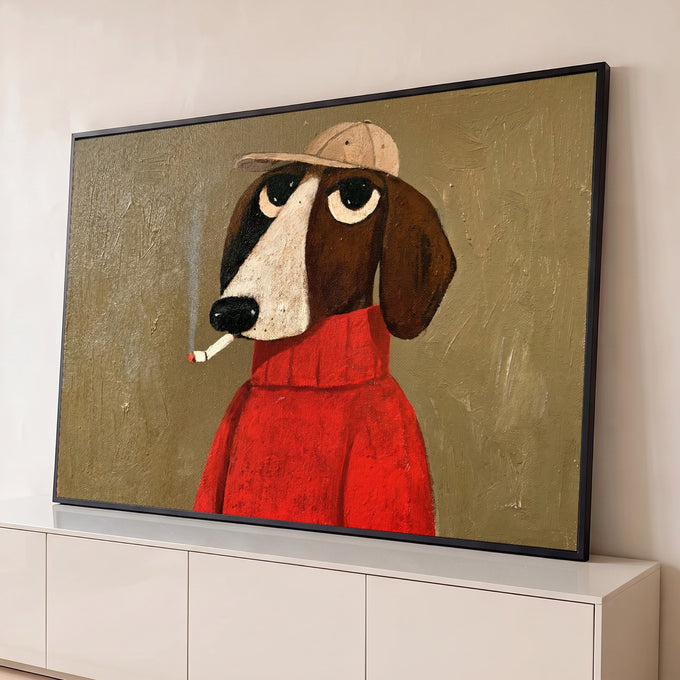 Pintura de cachorro de boné e blusa vermelha de gola alta fumando em fundo marrom, quadro decorativo