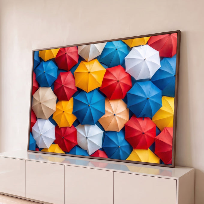 Quadro Decorativo Grande Guarda-Chuvas Coloridos para Sala | quadros decorativos para sala | guarda-chuvas coloridos abertos vistos de baixo formando mosaico geométrico | Porao dos Quadros