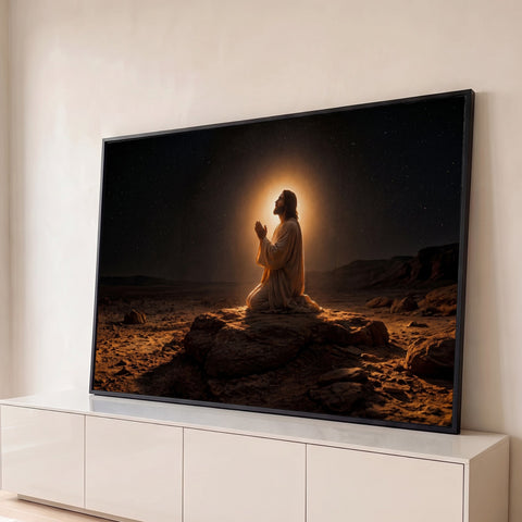 Jesus ajoelhado orando sobre rocha no deserto à noite, céu estrelado e halo dourado, quadro decorativo