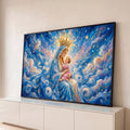 Nossa Senhora coroada com o Menino Jesus no colo, céu estrelado em redemoinhos azuis, quadro decorativo