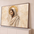 Jesus Cristo de olhos fechados, manto claro e auréola dourada em aquarela sépia, quadro decorativo