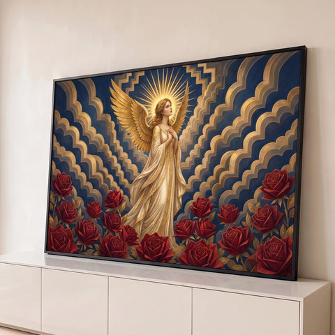 Anjo feminino com asas douradas e halo radiante entre rosas vermelhas, fundo azul art deco, quadro decorativo