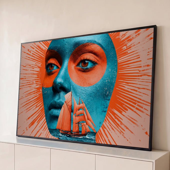 Quadro Decorativo Grande Rosto com Veleiro para Sala Azul | quadros decorativos para sala | rosto em azul-petróleo com veleiro laranja sobreposto na boca e círculo laranja no olho | Porao dos Quadros