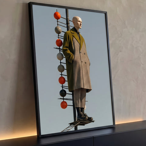 Homem careca de sobretudo verde e xadrez sobre poste com esferas laranja no céu azul, quadro decorativo