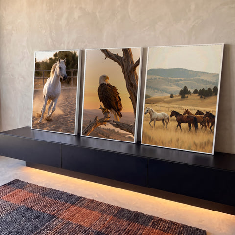 Quadro Decorativo Kit 3 Telas Cavalos e Águia para Sala | quadros decorativos para sala | cavalo branco correndo, águia pousada e manada em campo dourado ao entardecer | Porao dos Quadros