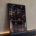 Quadro Decorativo Grande Carro Clássico para Sala Preto | quadros decorativos para sala | carro clássico preto visto de trás com luzes traseiras vermelhas acesas em garagem industrial | Porao dos Quadros