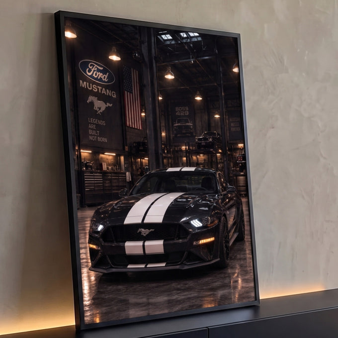 Quadro Decorativo Grande Carro Esportivo para Sala Preto | quadros decorativos para sala | carro esportivo preto com listras brancas em garagem industrial iluminada | Porao dos Quadros