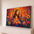 Jesus com o Sagrado Coração em chamas, flores, beija-flores e borboletas em arte poligonal, quadro decorativo