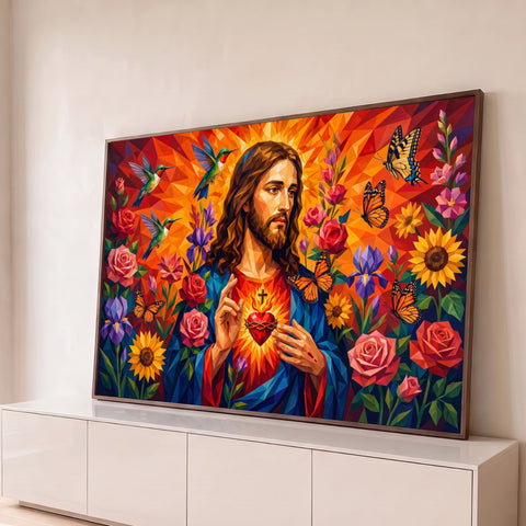 Jesus com o Sagrado Coração em chamas, flores, beija-flores e borboletas em arte poligonal, quadro decorativo
