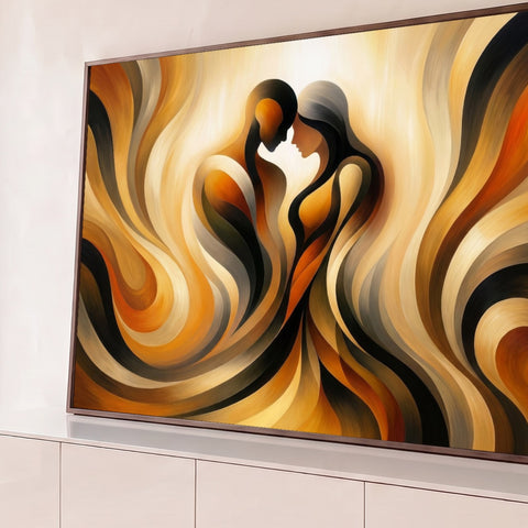 Casal abstrato em perfil com as testas encostadas entre ondas douradas, pretas e terrosas, quadro decorativo