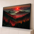 Quadro Decorativo Grande Montanhas ao Pôr do Sol para Sala | quadros decorativos para sala | montanhas nebulosas ao pôr do sol com floresta coberta por linhas digitais vermelhas | Porao dos Quadros