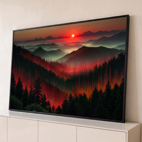 Montanhas e floresta de pinheiros ao pôr do sol com efeito glitch vermelho em arte digital, quadro decorativo