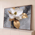 Quadro Decorativo Grande Magnólia Branca para Sala Branco | quadros decorativos para sala | magnólia branca com centro e folhas douradas sobre fundo de mármore cinza e preto | Porao dos Quadros