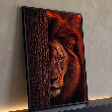 Leão de juba avermelhada com cicatrizes no rosto espiando atrás de tronco de árvore, quadro decorativo