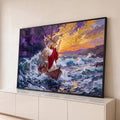 Jesus no barco com apóstolos acalmando o mar revolto sob céu roxo e dourado, quadro decorativo