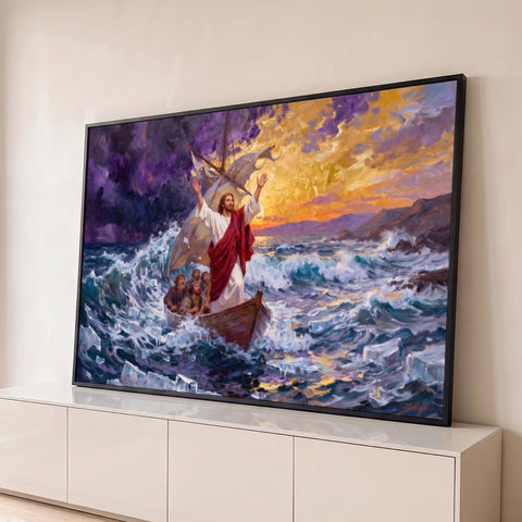 Jesus no barco com apóstolos acalmando o mar revolto sob céu roxo e dourado, quadro decorativo