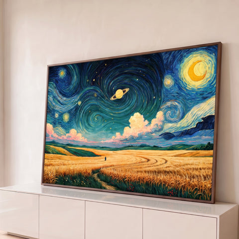 Céu em espirais azuis com lua, estrelas e Saturno sobre trigal dourado, estilo Van Gogh, quadro decorativo