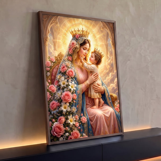 Quadro Decorativo Grande Nossa Senhora Rosas para Sala | quadros decorativos para sala | Nossa Senhora coroada segurando o Menino Jesus entre rosas e lírios com luz dourada | Porao dos Quadros