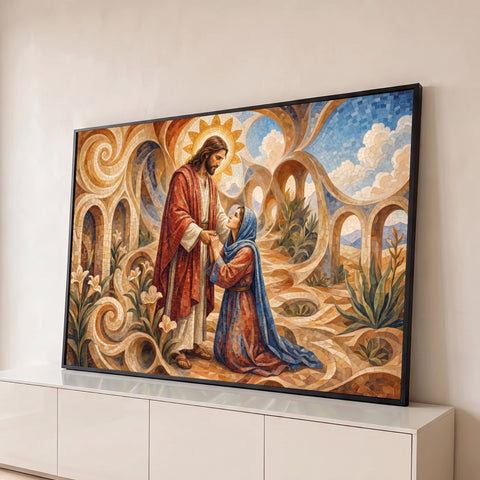 Jesus de manto vermelho acolhe mulher de véu azul em mosaico dourado com lírios, quadro decorativo