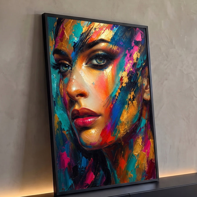 Quadro Decorativo Grande Rosto Feminino para Sala Dourado | quadros decorativos para sala | retrato de mulher em pinceladas coloridas douradas, turquesa e rosa com olhos marcantes | Porao dos Quadros