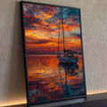 Veleiro ancorado em mar calmo refletindo céu de pôr do sol laranja e azul em pintura, quadro decorativo