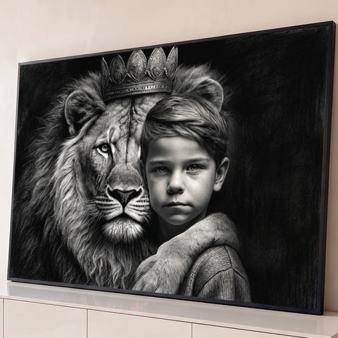 Leão com coroa encostado no rosto de um menino, desenho a carvão em preto e branco, quadro decorativo