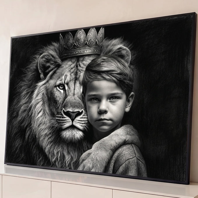 Quadro Decorativo Grande Menino e Leão para Sala Preto | quadros decorativos para sala | leão coroado encostado no rosto de um menino, em preto e branco estilo grafite | Porao dos Quadros