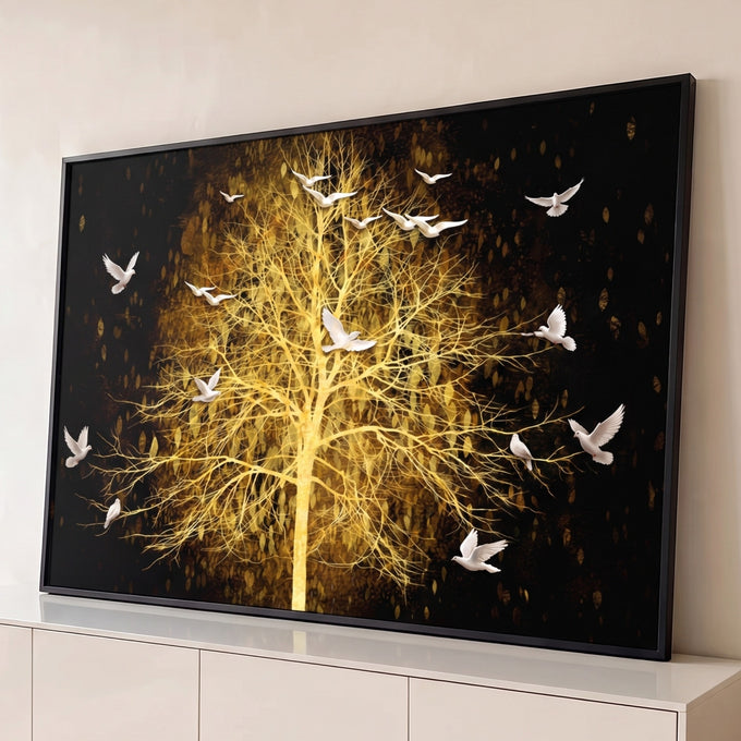 Quadro Decorativo Grande Árvore Dourada Pombas para Sala | quadros decorativos para sala | árvore dourada sem folhas com pombas brancas voando em fundo preto | Porao dos Quadros