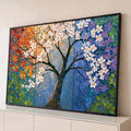 Quadro Decorativo Árvore das Quatro Estações em Tríptico | quadros decorativos para sala | árvore estilizada em tríptico com folhas vermelhas, flores brancas e lilás | Porao dos Quadros