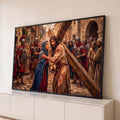 Quadro Decorativo Grande Jesus Via Crucis para Sala Marrom | quadros decorativos para sala | Jesus carregando a cruz com coroa de espinhos entre soldados romanos e multidão | Porao dos Quadros