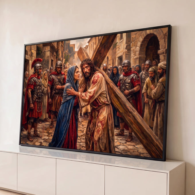 Quadro Decorativo Grande Jesus Via Crucis para Sala Marrom | quadros decorativos para sala | Jesus carregando a cruz com coroa de espinhos entre soldados romanos e multidão | Porao dos Quadros