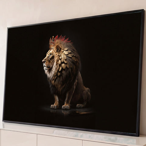 Leão de perfil sentado com coroa e juba de penas douradas sobre fundo preto, quadro decorativo