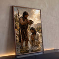 Quadro Decorativo Grande Batismo de Jesus para Sala Marrom | quadros decorativos para sala | homem derramando água sobre outro ajoelhado em oração durante cena de batismo à beira de rio | Porao dos Quadros