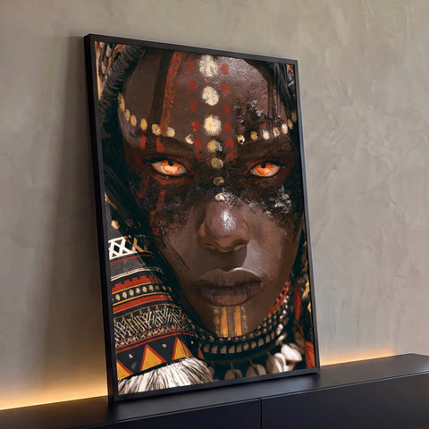 Rosto de mulher negra africana com pintura de pontos, olhos laranja e búzios, quadro decorativo