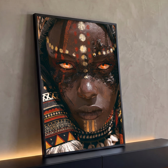 Quadro Decorativo Mulher Tribal com Pintura Facial e Olhos | quadros decorativos para sala | retrato close-up de mulher com pintura facial tribal e olhos âmbar | Porao dos Quadros