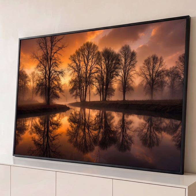 Quadro Decorativo Grande Árvores Refletidas para Sala | quadros decorativos para sala | árvores sem folhas refletidas em rio calmo sob céu laranja de pôr do sol com névoa | Porao dos Quadros