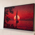 Quadro Decorativo Grande Veleiro ao Pôr do Sol Mar para Sala | quadros decorativos para sala | veleiro em silhueta diante de sol vermelho intenso sobre o mar | Porao dos Quadros