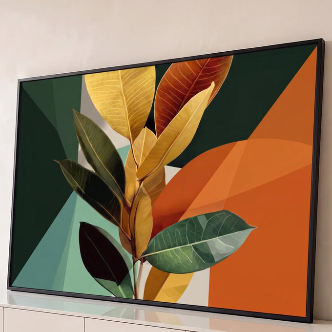 Ramo de ficus com folhas verdes, amarelas e terracota sobre fundo geométrico, quadro decorativo