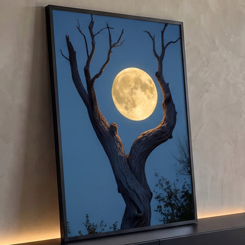 Lua cheia dourada entre os galhos de um tronco retorcido em forquilha no céu azul noturno, quadro decorativo