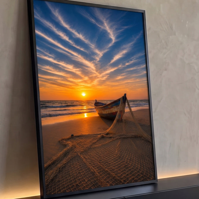 Quadro Decorativo Grande Barco de Pesca para Sala Laranja | quadros decorativos para sala | barco de pesca colorido na areia com rede estendida sob pôr do sol dourado | Porao dos Quadros