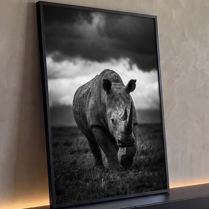 Rinoceronte caminhando na savana sob céu de tempestade em fotografia preto e branco, quadro decorativo