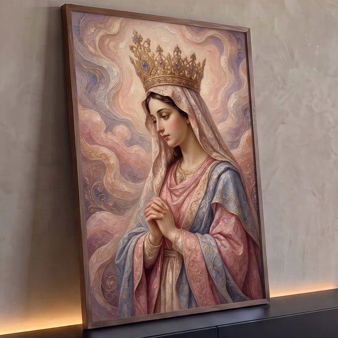 Quadro Decorativo Grande Nossa Senhora para Sala Rosa | quadros decorativos para sala | Nossa Senhora coroada em oração, véu rosa e manto azul sobre fundo pastel ondulado | Porao dos Quadros
