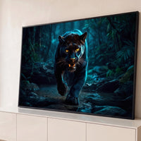 Quadro Decorativo Grande Pantera Negra Feroz para Sala Azul - Borda Infinita / 65x100cm