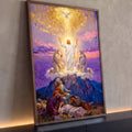 Quadro Decorativo Grande Transfiguração de Jesus para Sala | quadros decorativos para sala | Jesus transfigurado em luz dourada no monte com Moisés, Elias e pomba branca | Porao dos Quadros