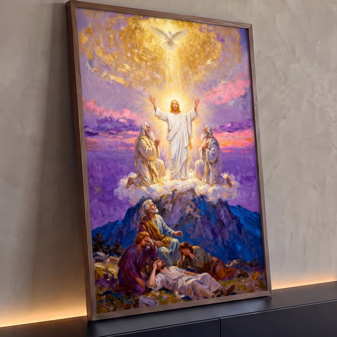 Quadro Decorativo Grande Transfiguração de Jesus para Sala | quadros decorativos para sala | Jesus transfigurado em luz dourada no monte com Moisés, Elias e pomba branca | Porao dos Quadros