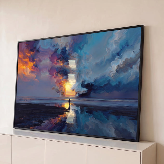 Figura solitária diante de portal de luz entre nuvens azuis e laranja refletidas na água, quadro decorativo